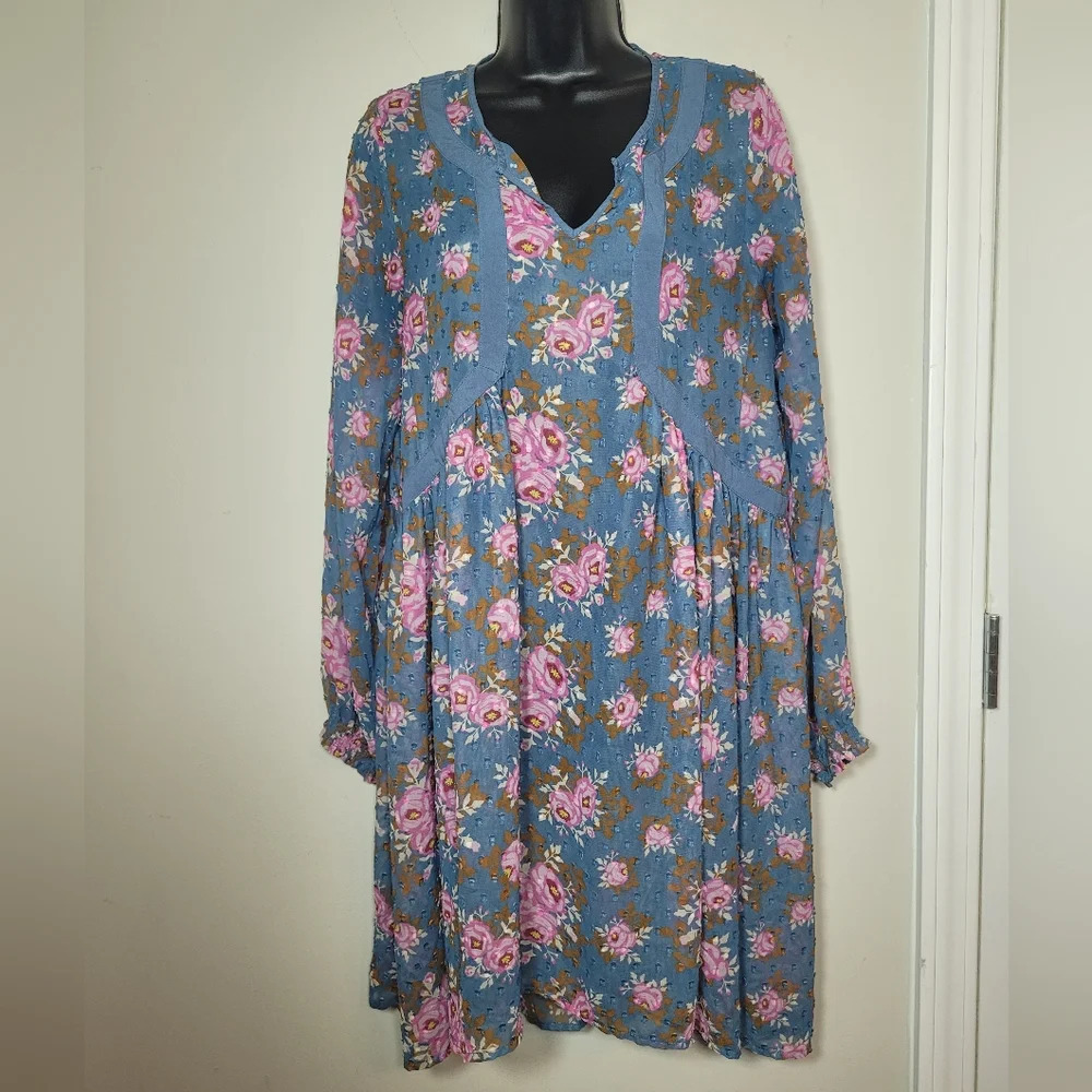 Matilda Jane Blue and Pink Floral Swiss Dot To The Nines Dress sz M